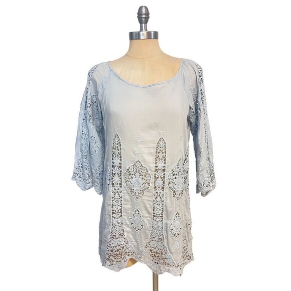 XCVI Light Blue Crochet Lace Tunic Top Cotton Silk Cover Up  Small - Picture 1 of 6